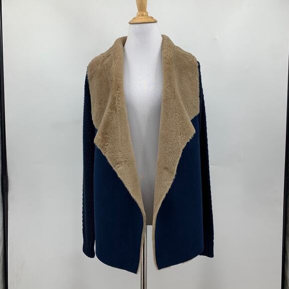 Lovestitch Cardigan Womens Small Navy Tan Faux Shearling Wide Shawl Open Front - Picture 4 of 13